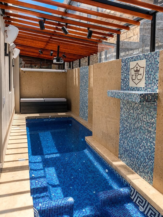 Alberca cubierta con pérgola de madera y muro de mosaico
