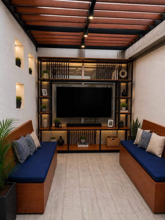 Terraza techada con sala de estar y centro de entretenimiento